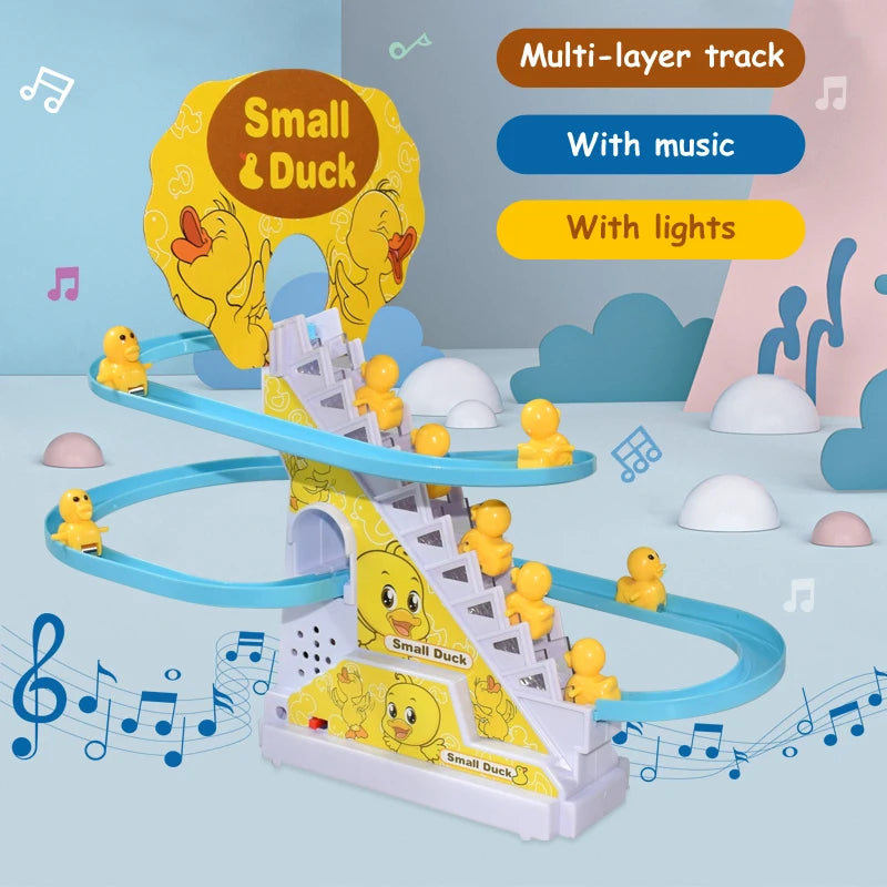 Exciting DIY Electronic Duck & Penguin Climbing Stairs Toy - Interactive Light-Up Musical Slide Coaster for Kids Ages 3-6