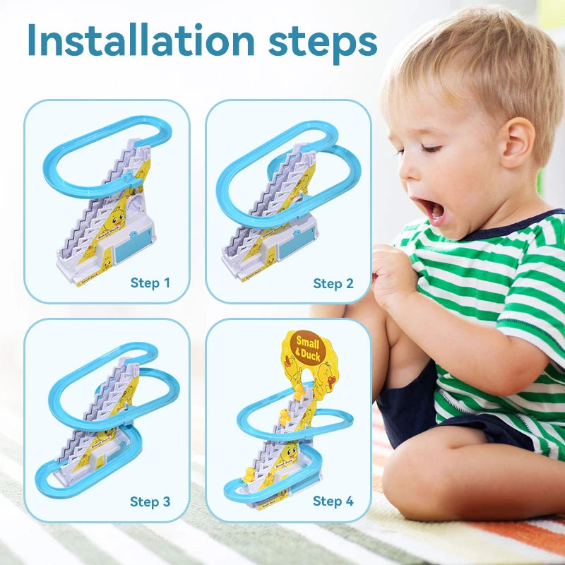 Exciting DIY Electronic Duck & Penguin Climbing Stairs Toy - Interactive Light-Up Musical Slide Coaster for Kids Ages 3-6