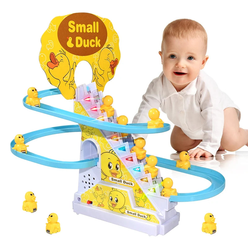 Exciting DIY Electronic Duck & Penguin Climbing Stairs Toy - Interactive Light-Up Musical Slide Coaster for Kids Ages 3-6